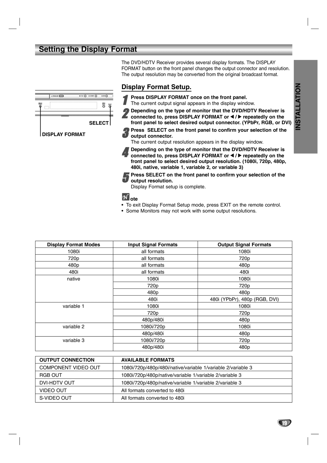 LG Electronics LST-3510A owner manual Setting the Display Format, Display Format Setup, Installation 