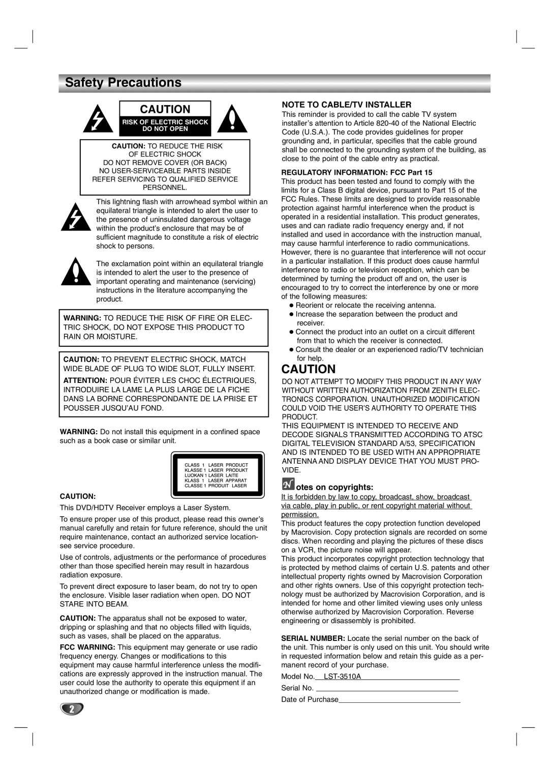 LG Electronics LST-3510A owner manual Safety Precautions, Note To Cable/Tv Installer, otes on copyrights 