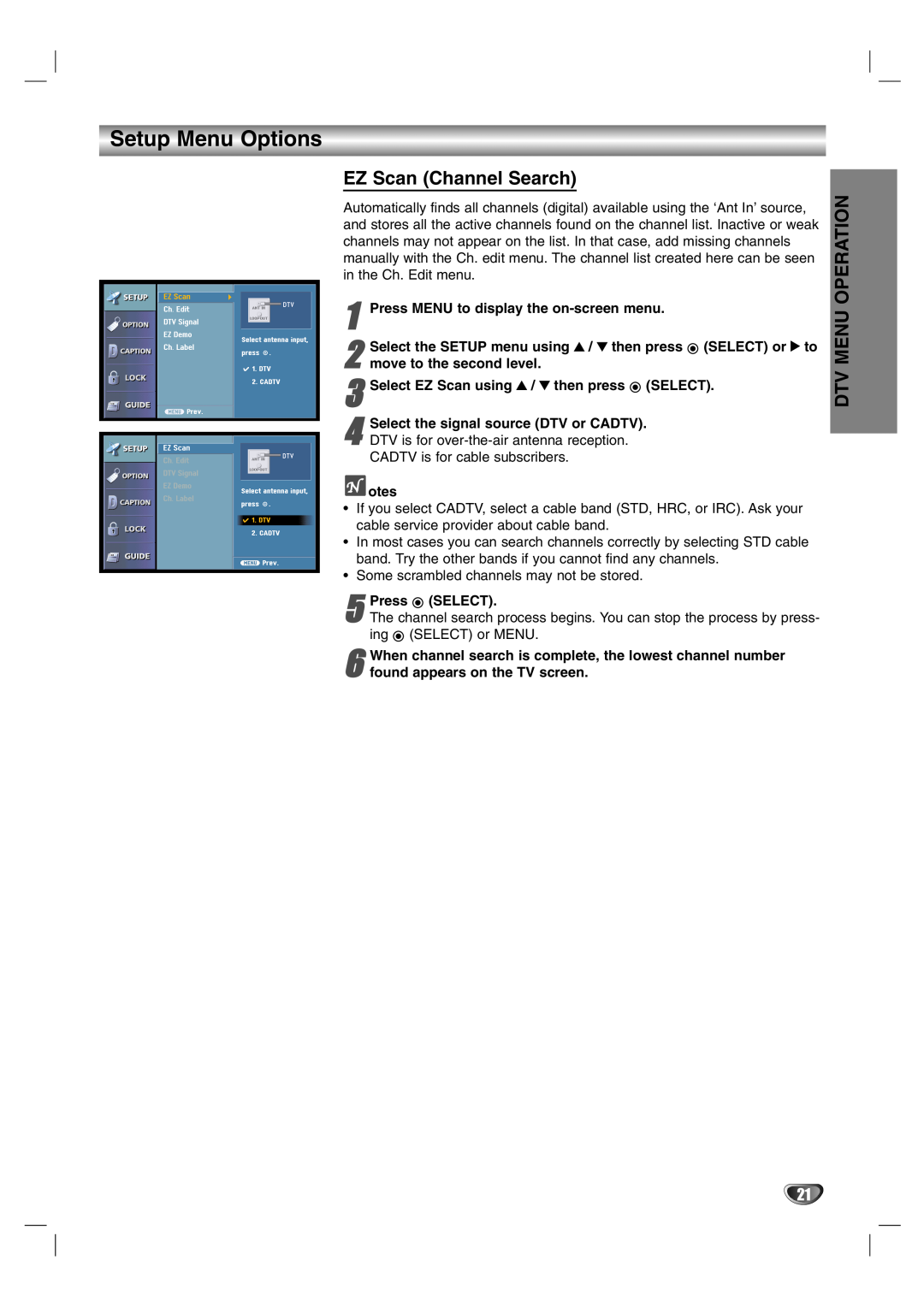 LG Electronics LST-3510A owner manual Setup Menu Options, EZ Scan Channel Search, Dtv Menu Operation 