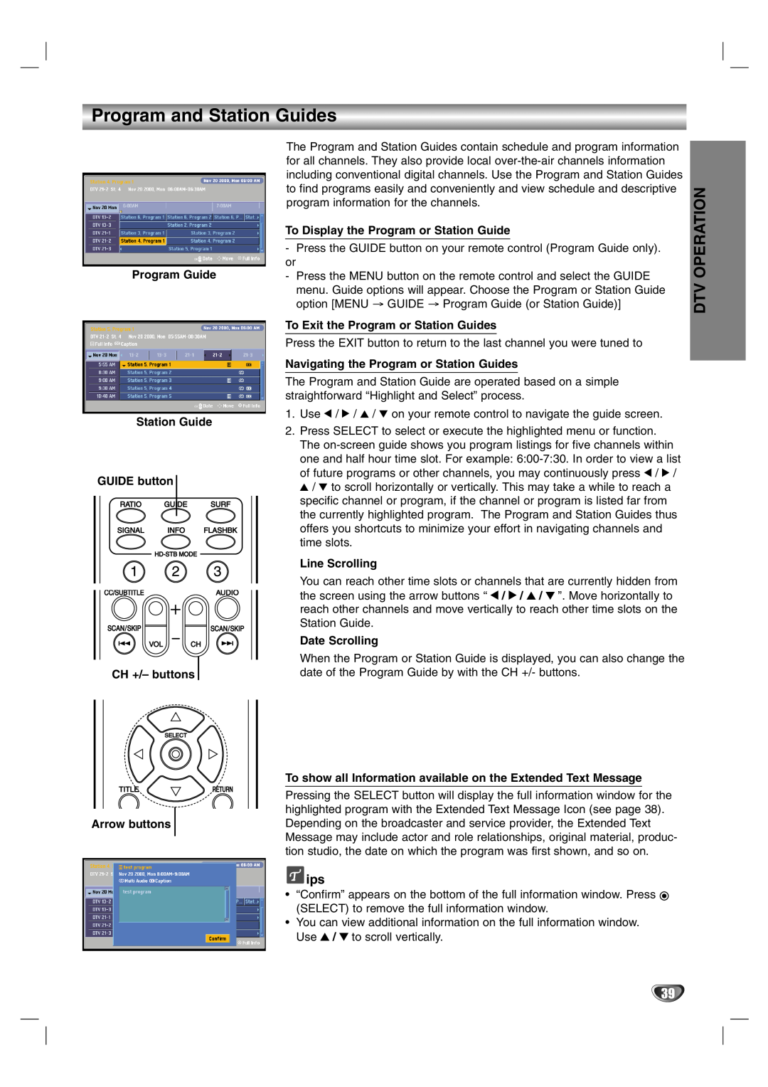 LG Electronics LST-3510A owner manual Program and Station Guides, Dtv Operation 