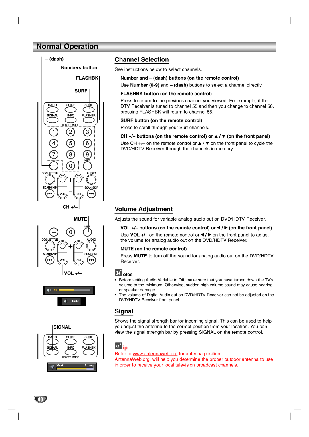 LG Electronics LST-3510A owner manual Normal Operation, Channel Selection, Volume Adjustment, Signal 