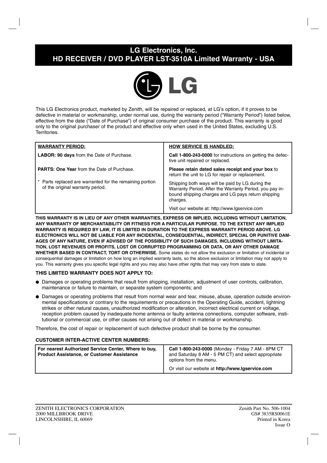 LG Electronics owner manual LG Electronics, Inc, HD RECEIVER / DVD PLAYER LST-3510A Limited Warranty - USA 