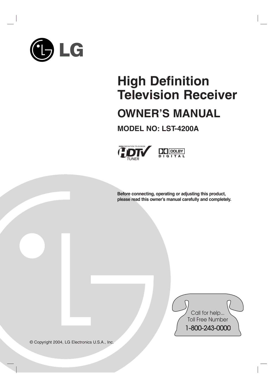 LG Electronics LST-4200A owner manual High Definition Television Receiver 