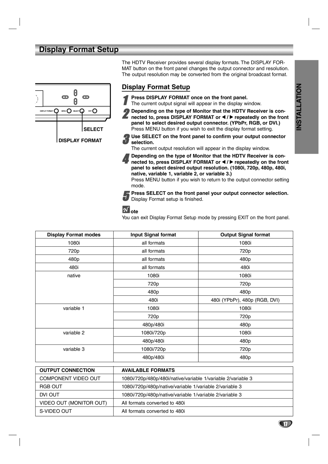 LG Electronics LST-4200A Display Format Setup, Select Display Format, Selection, Output Connection Available Formats 