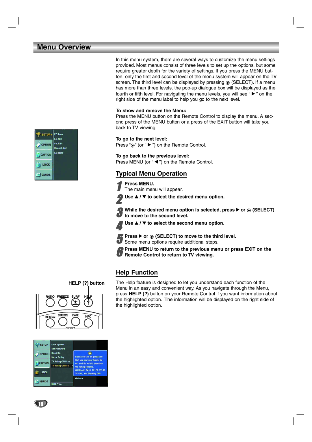 LG Electronics LST-4200A owner manual Menu Overview, Typical Menu Operation, Help Function, Select 