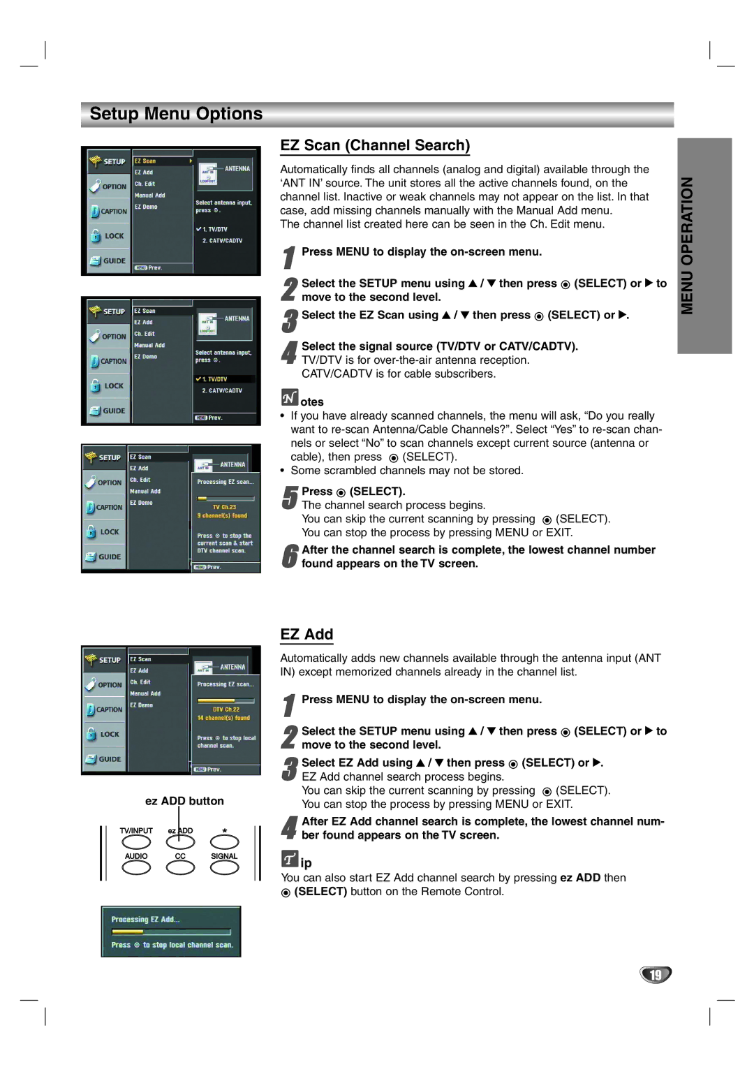 LG Electronics LST-4200A owner manual Setup Menu Options, EZ Scan Channel Search, EZ Add 