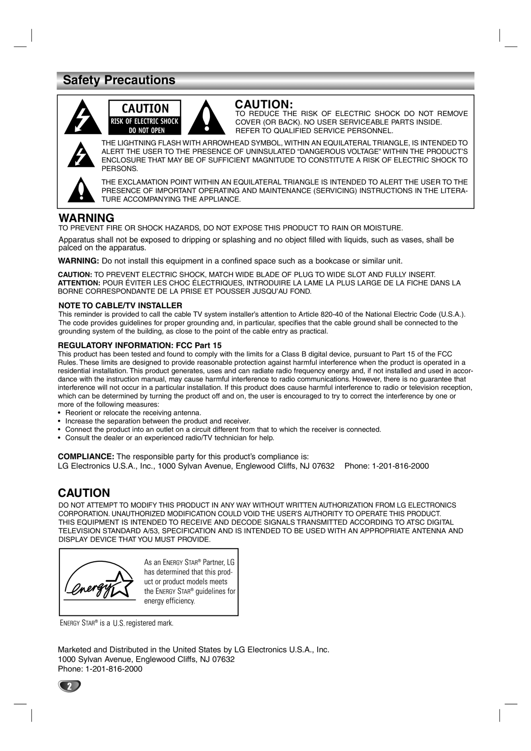 LG Electronics LST-4200A owner manual Safety Precautions, Regulatory Information FCC Part 