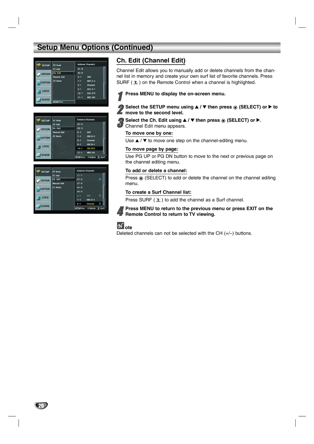 LG Electronics LST-4200A Ch. Edit Channel Edit, To move one by one, To move page by, To add or delete a channel 