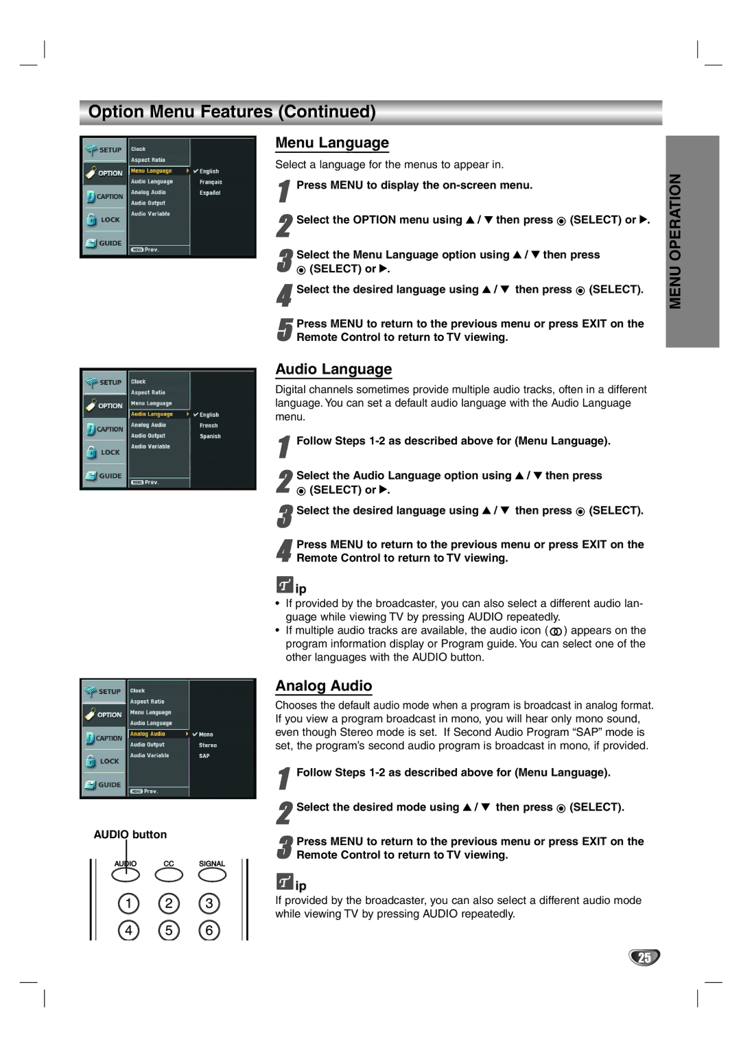 LG Electronics LST-4200A owner manual Menu Language, Audio Language, Analog Audio 