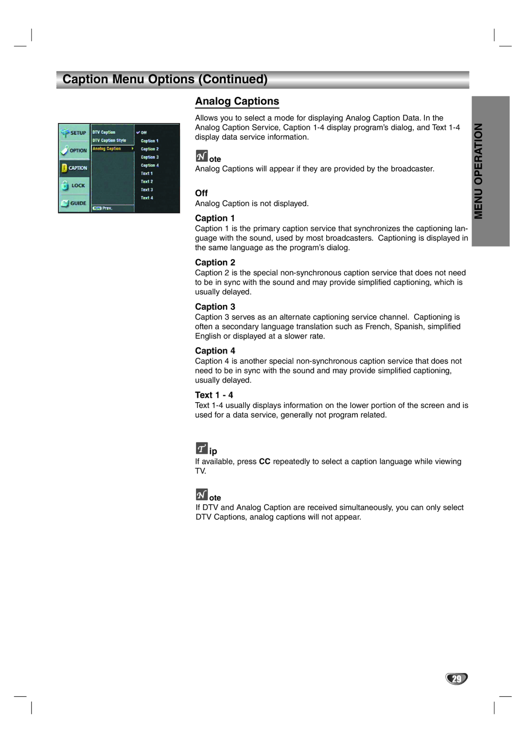 LG Electronics LST-4200A owner manual Analog Captions 