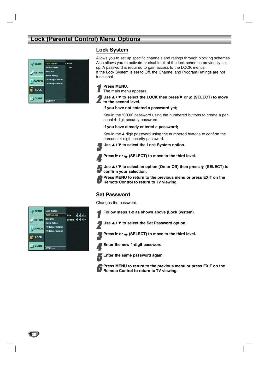 LG Electronics LST-4200A owner manual Lock Parental Control Menu Options, Lock System, Set Password 