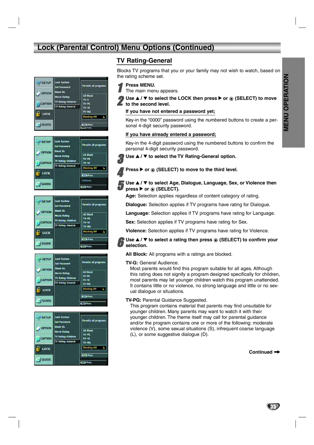 LG Electronics LST-4200A owner manual TV Rating-General 