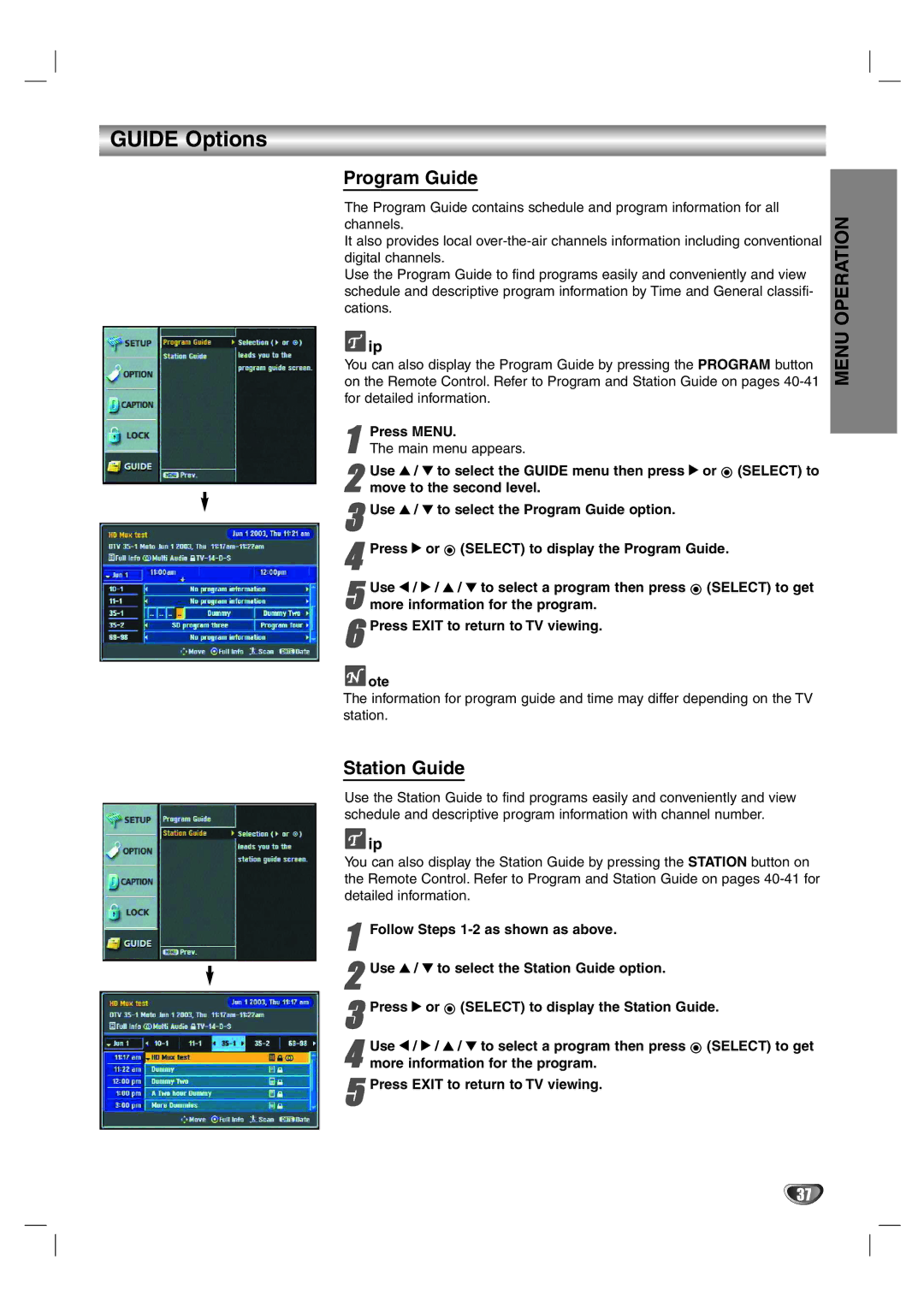 LG Electronics LST-4200A owner manual Guide Options, Program Guide, Station Guide, Press Menu 