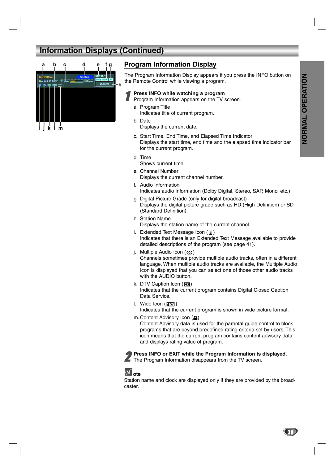 LG Electronics LST-4200A Program Information Display, F g, DatePress Info while watching a program K l m, Normal Operation 