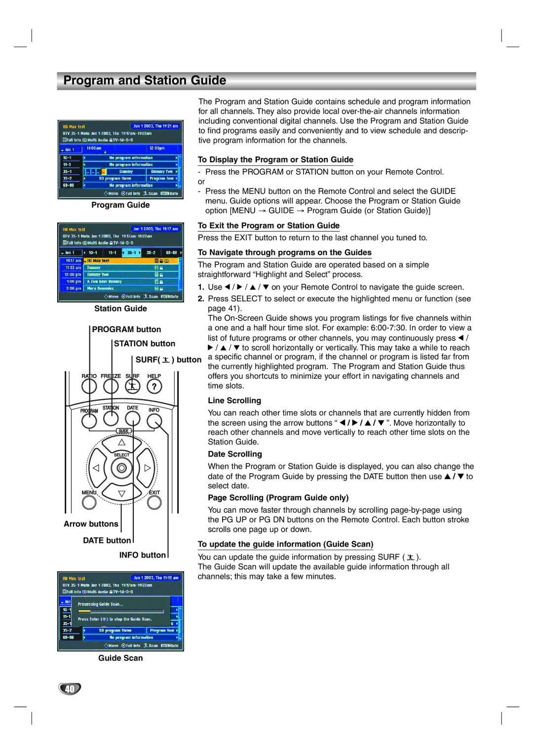 LG Electronics LST-4200A owner manual Program and Station Guide, Surf 