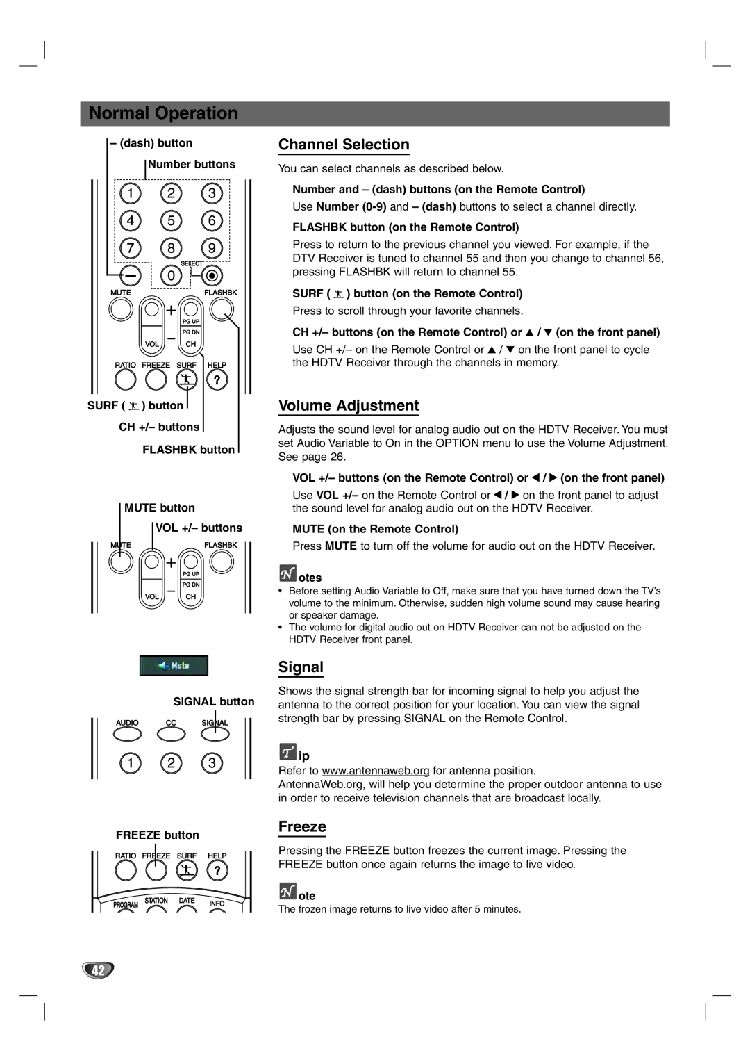 LG Electronics LST-4200A owner manual Normal Operation, Channel Selection, Volume Adjustment, Signal, Freeze 