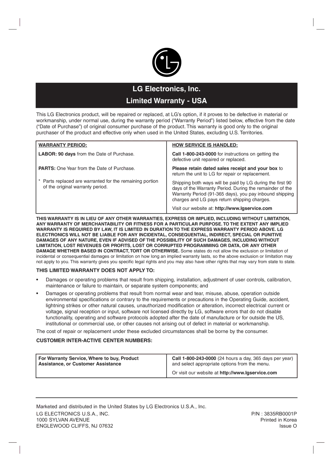 LG Electronics LST-4200A owner manual This Limited Warranty does not Apply to, Customer INTER-ACTIVE Center Numbers 