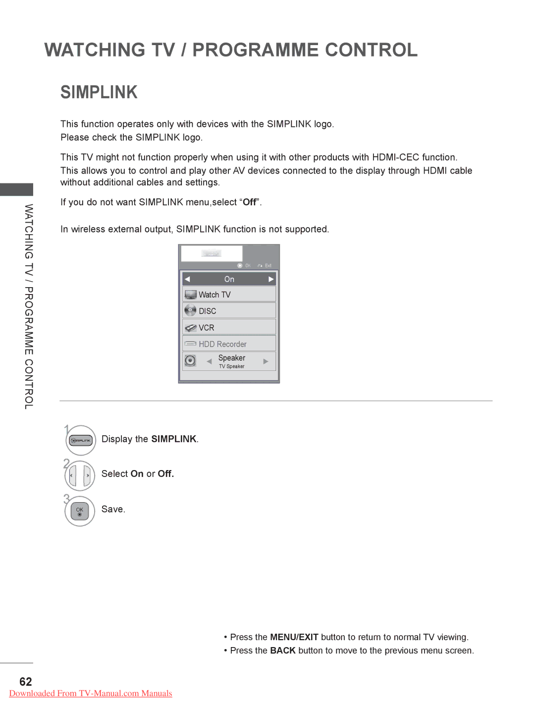 LG Electronics 60PX9***, LSW400BG, LSW200BG, LSW200BXG, PSW600B, PSW400BG Display the Simplink Select On or Off Save 