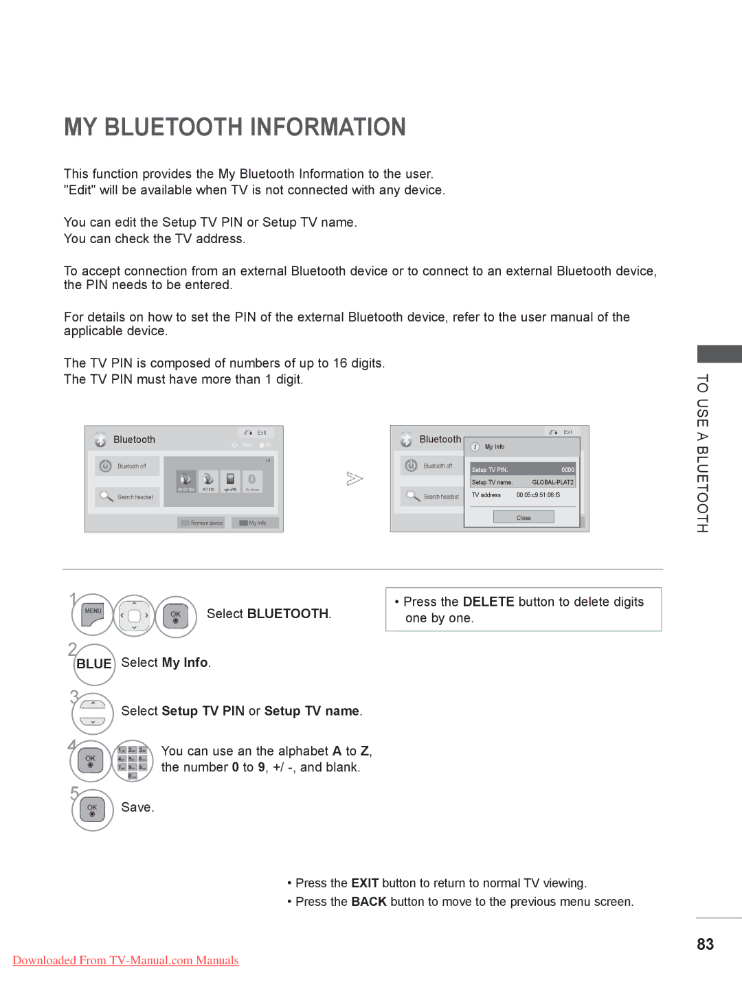 LG Electronics 50PK5**, LSW400B, LSW200BX MY Bluetooth Information, Select My Info, Select Setup TV PIN or Setup TV name 