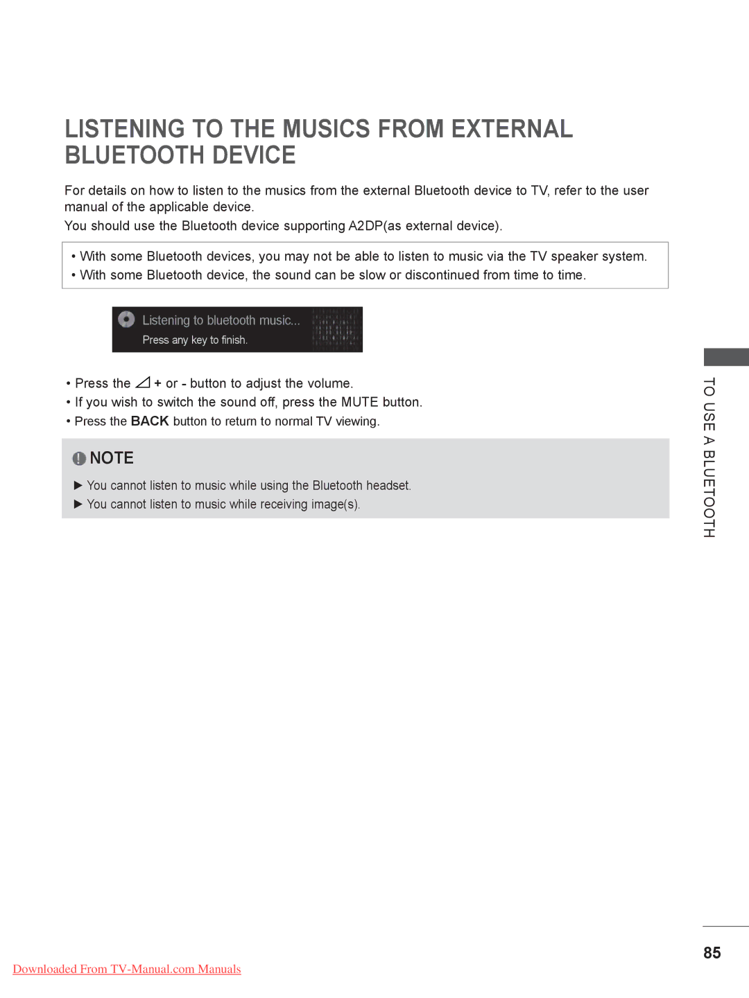 LG Electronics 42/47LX6***, LSW400B Listening to the Musics from External Bluetooth Device, Listening to bluetooth music 