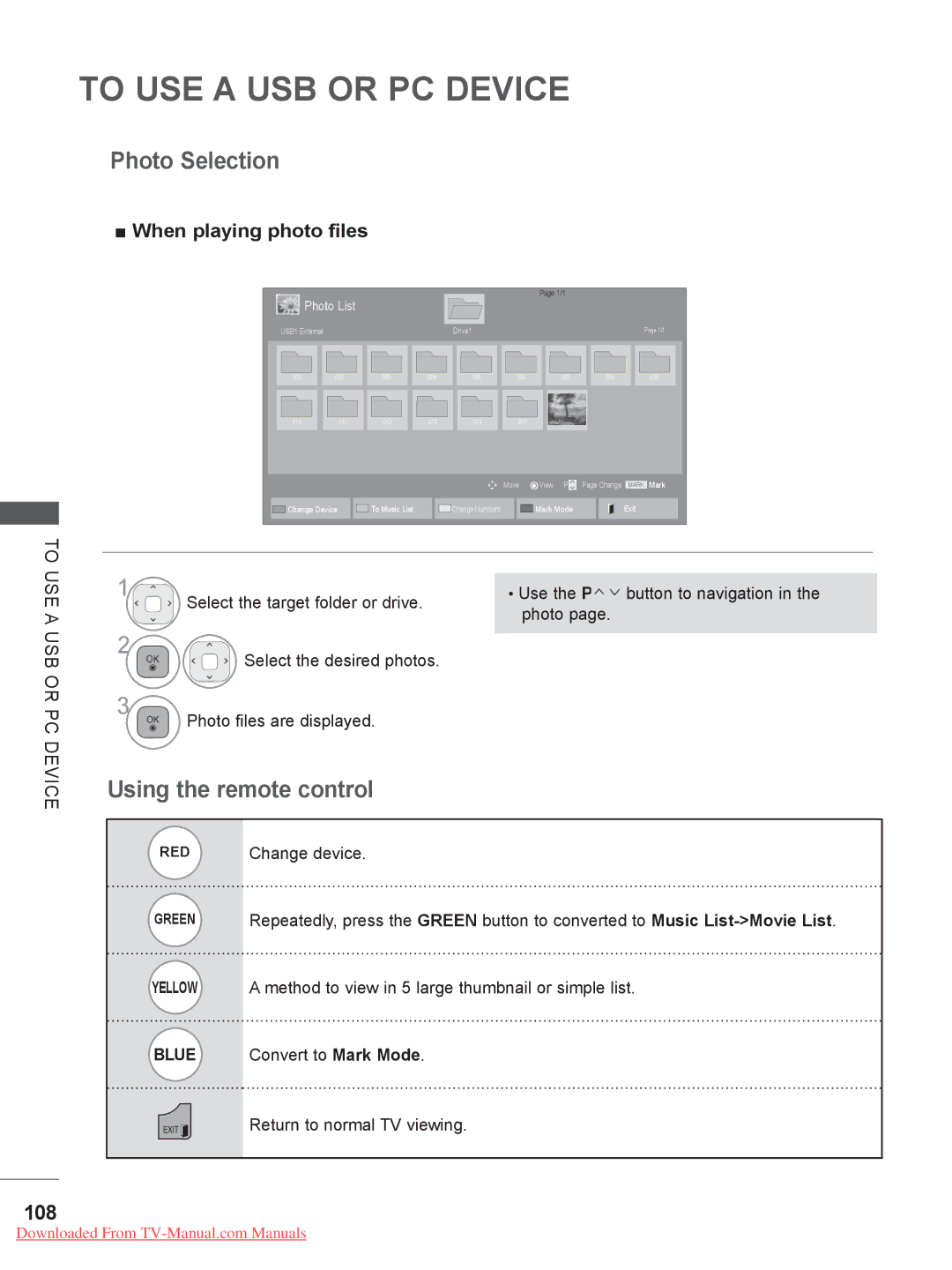 LG Electronics 60PK5**, LSW200BX, LSW400BG, LSW200BG Photo Selection, 108, When playing photo files, Convert to Mark Mode 