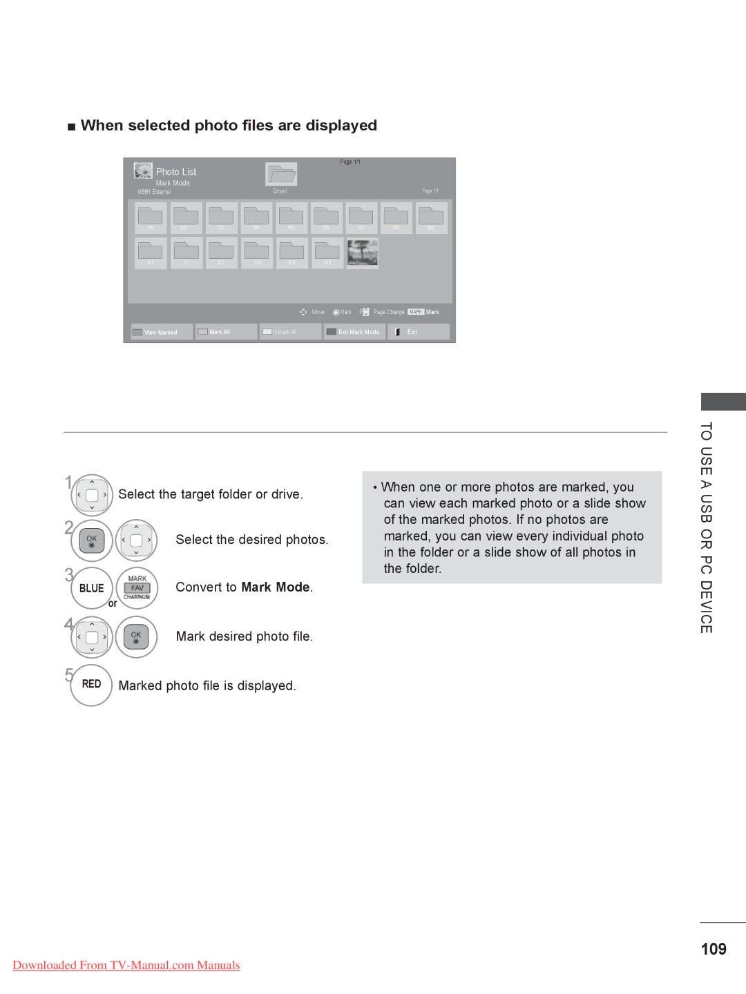 LG Electronics 60PK9***, LSW400B, LSW200BX 109, When selected photo files are displayed, Select the target folder or drive 