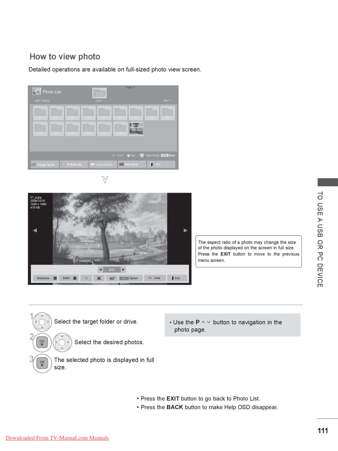 LG Electronics DSW400B, LSW400BG, LSW200BG, LSW200BXG, PSW400BG, PSW600BG, LSW100BG, 55LE5*** How to view photo, 111 