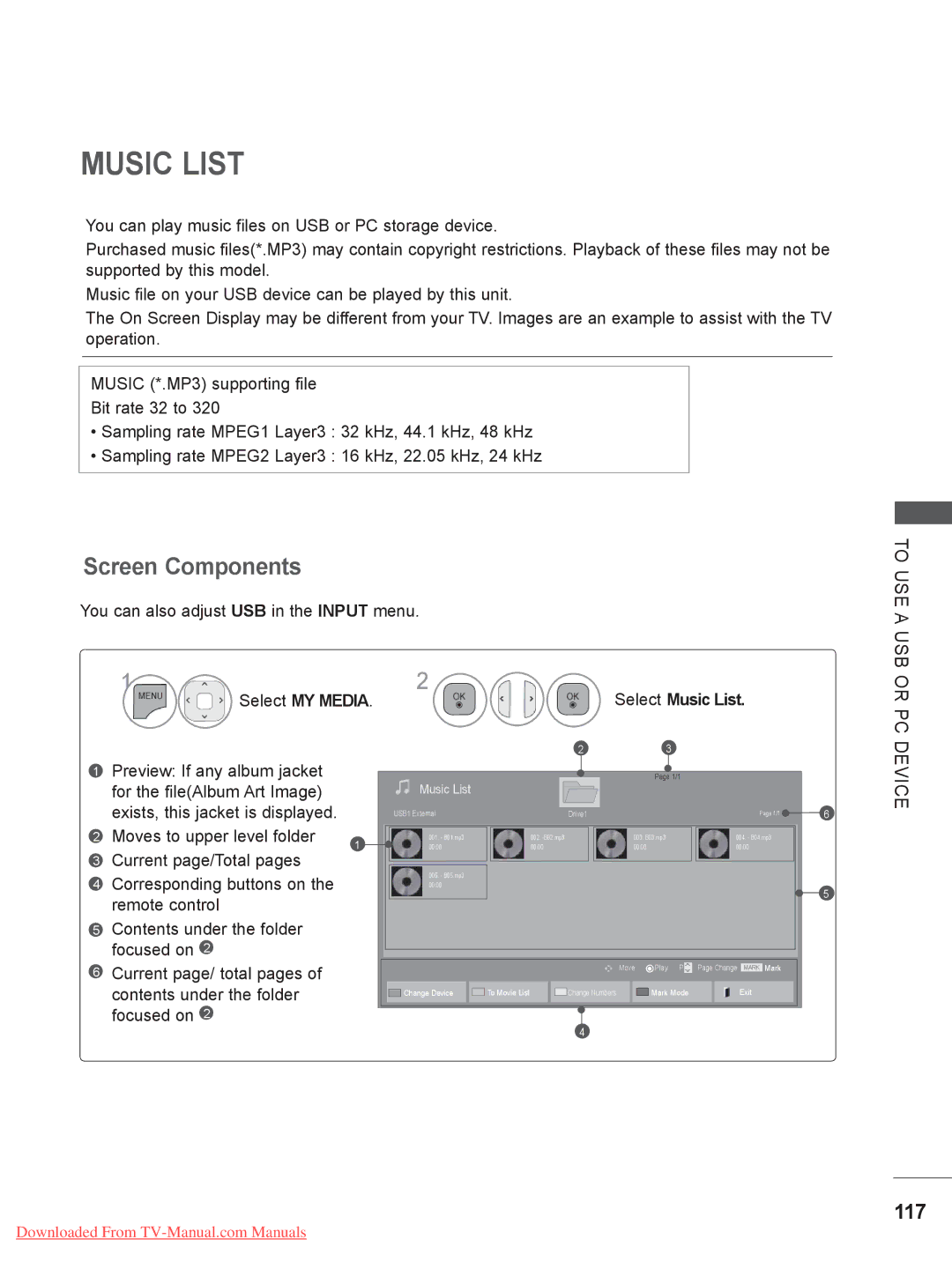 LG Electronics LSW200BXG, LSW400BG, LSW200BG, PSW400BG, PSW600BG, LSW100BG, 55LE5*** 117, Select Music List 