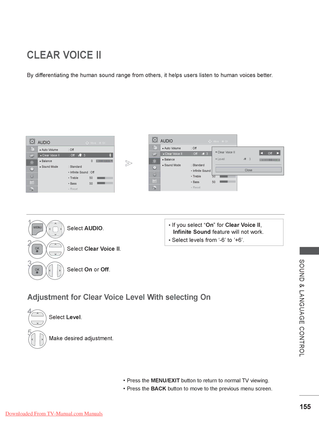 LG Electronics DSW400B, LSW400B, LSW200BX Adjustment for Clear Voice Level With selecting On, 155, Select Clear Voice 