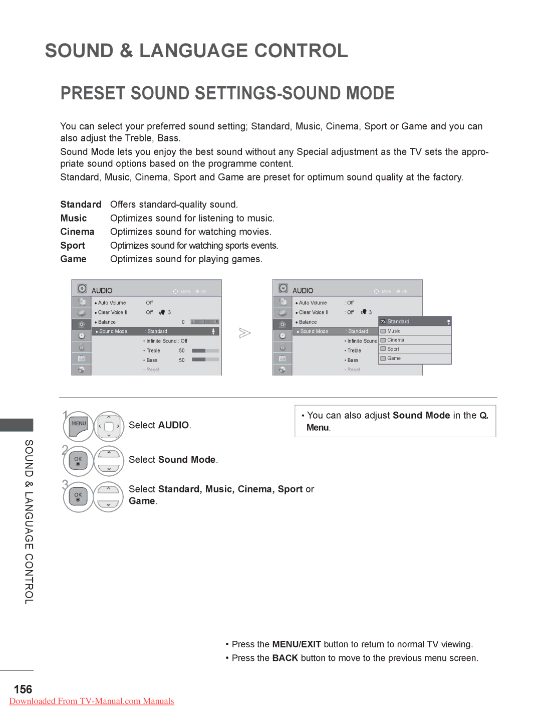 LG Electronics LSW400B Preset Sound SETTINGS-SOUND Mode, 156, Select Audio You can also adjust Sound Mode in the Q 