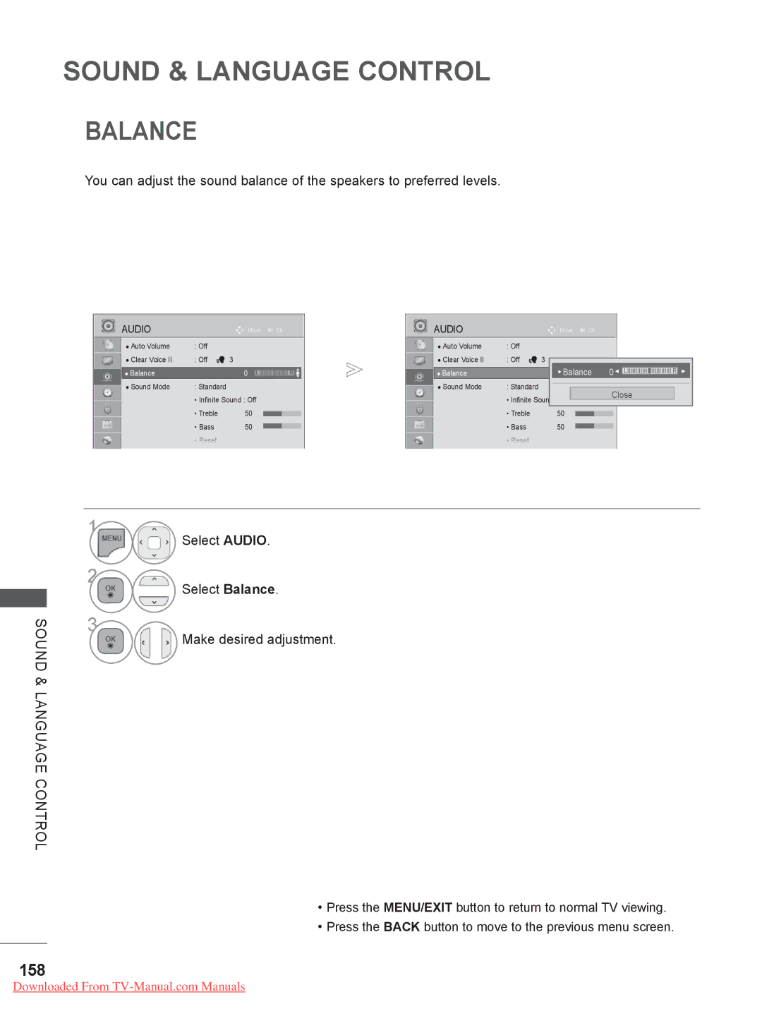 LG Electronics LSW400BG, LSW200BG, LSW200BXG, PSW600B 158, Select Audio Select Balance Make desired adjustment 