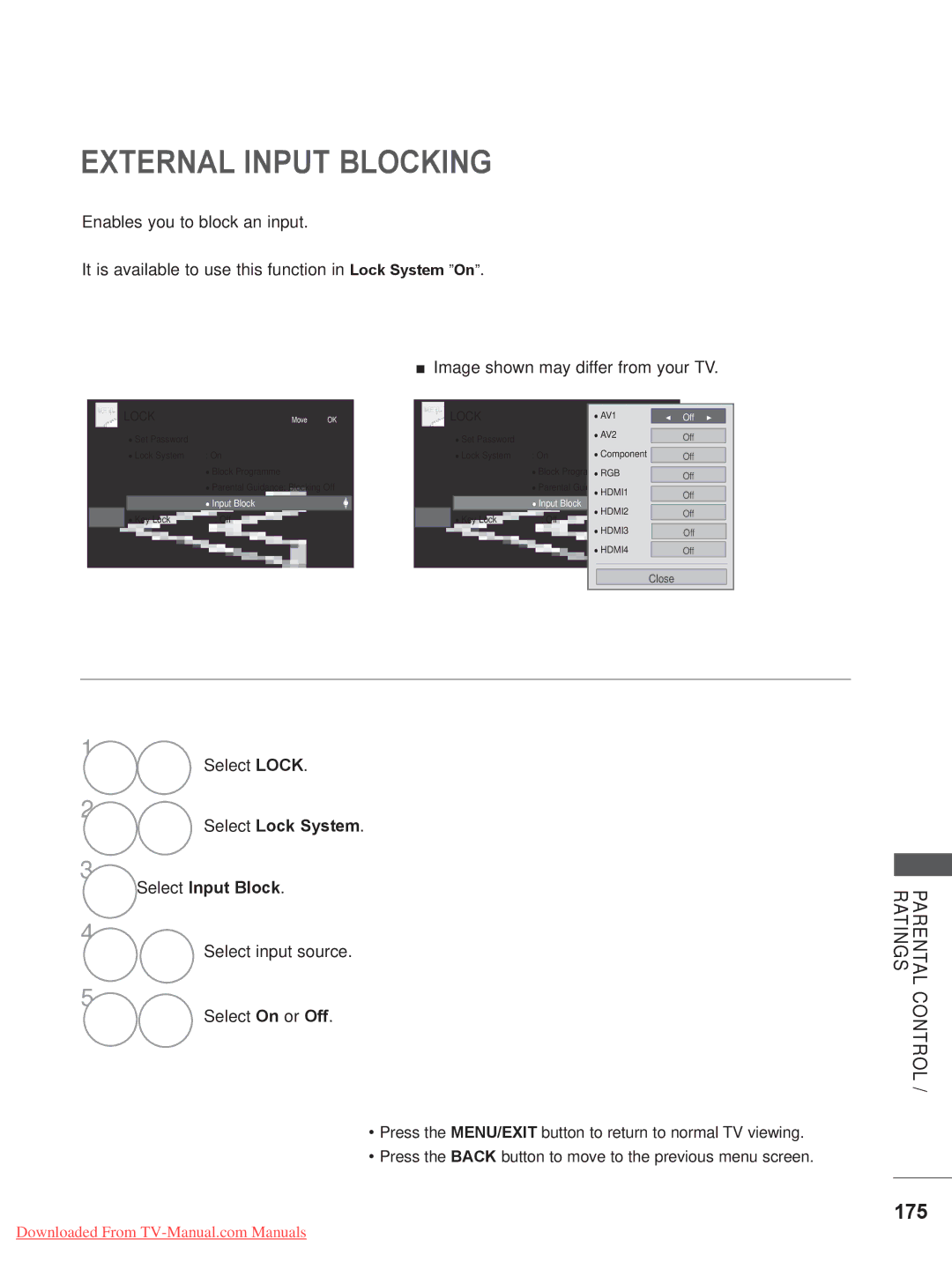 LG Electronics 42/47LD7***, LSW200BX, LSW400BG External Input Blocking, 175, Select Lock System Select Input Block 