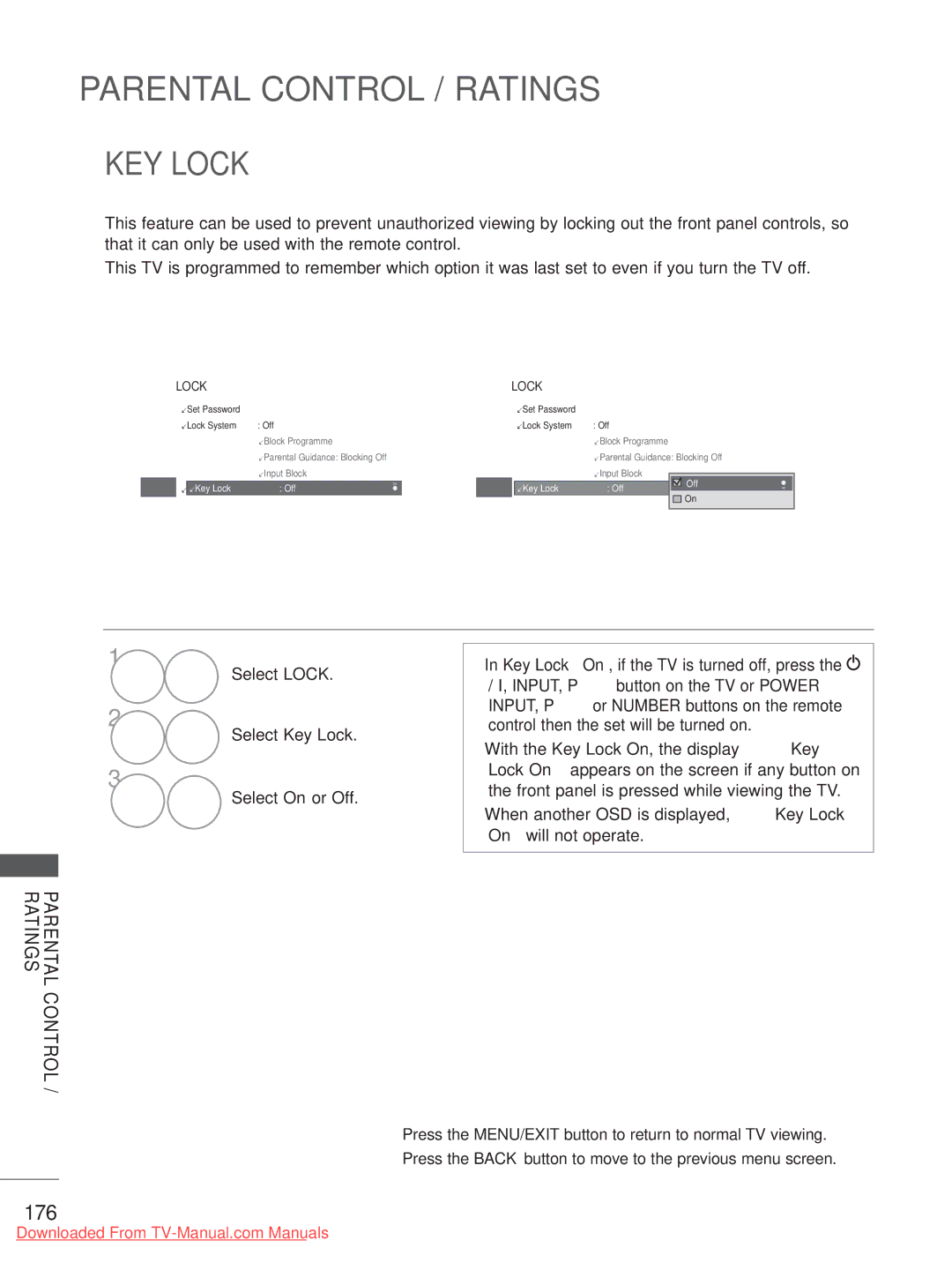 LG Electronics 37/42LD4***, LSW400BG, LSW200BG, LSW200BXG, PSW400BG, PSW600BG, LSW100BG, 55LE5*** KEY Lock, 176 