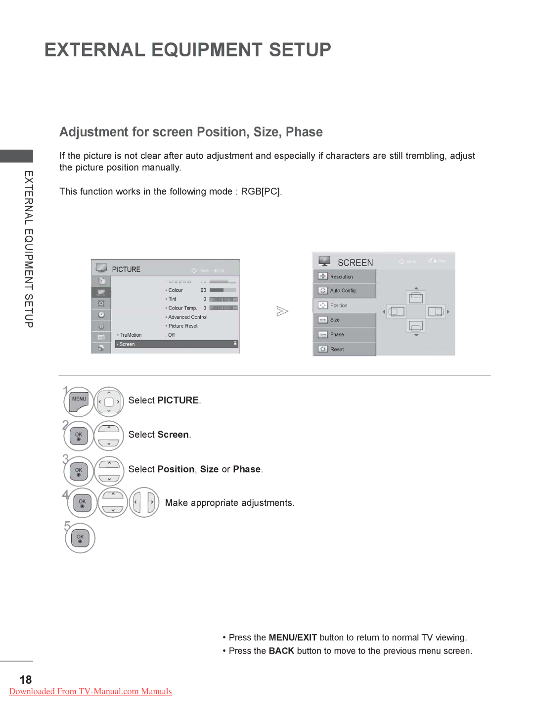 LG Electronics 60PX9***, LSW400B, LSW200BX Adjustment for screen Position, Size, Phase, Select Position, Size or Phase 