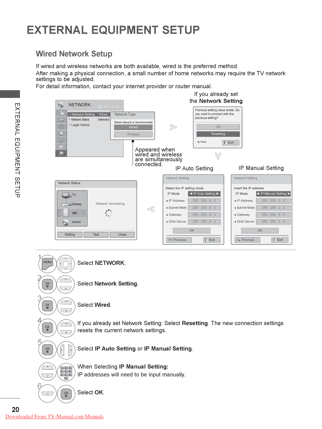 LG Electronics 60PK5**, LSW200BX, LSW400BG, LSW200BG, PSW600B Select Network Setting, When Selecting IP Manual Setting 