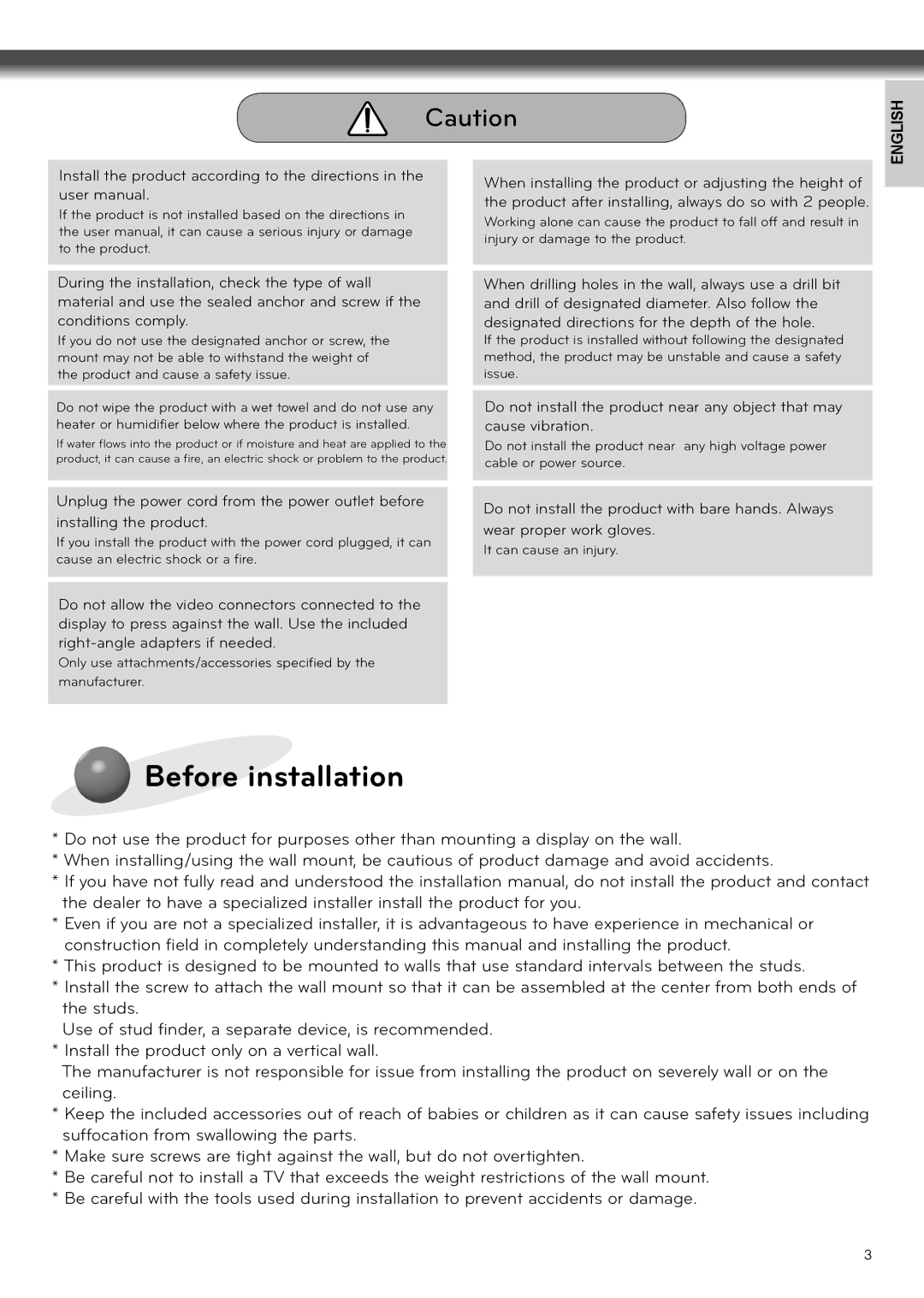 LG Electronics LSW200BG, LSW400BG, LSW200BXG owner manual Before installation, It can cause an injury 