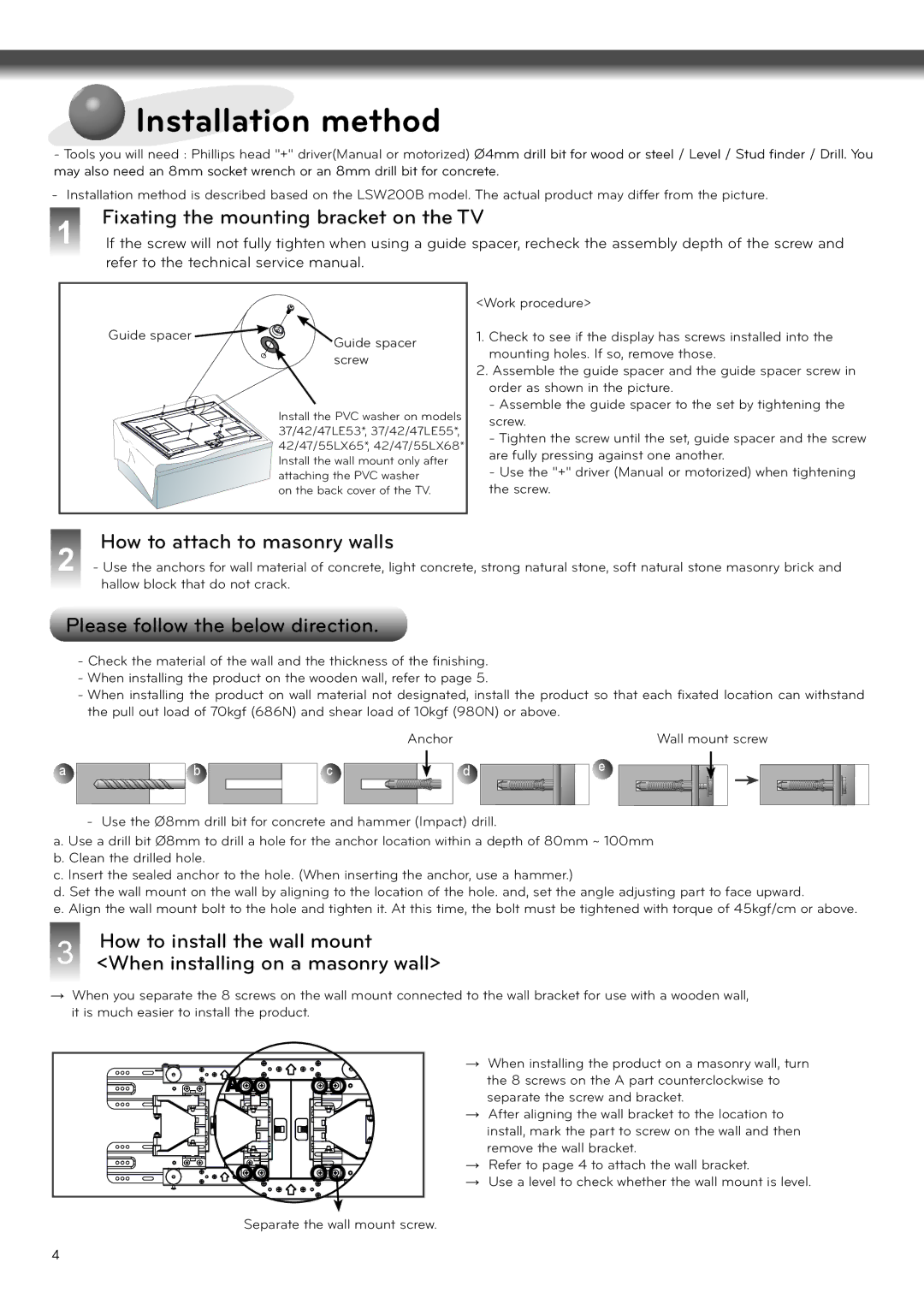 LG Electronics LSW200B Installation method, Fixating the mounting bracket on the TV, How to attach to masonry walls, Screw 