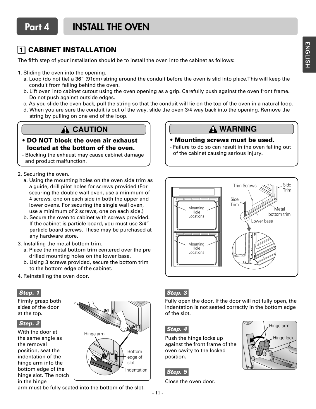 LG Electronics LSWD305ST, LSWS305ST installation manual Part 4 Install the Oven, Cabinet Installation 