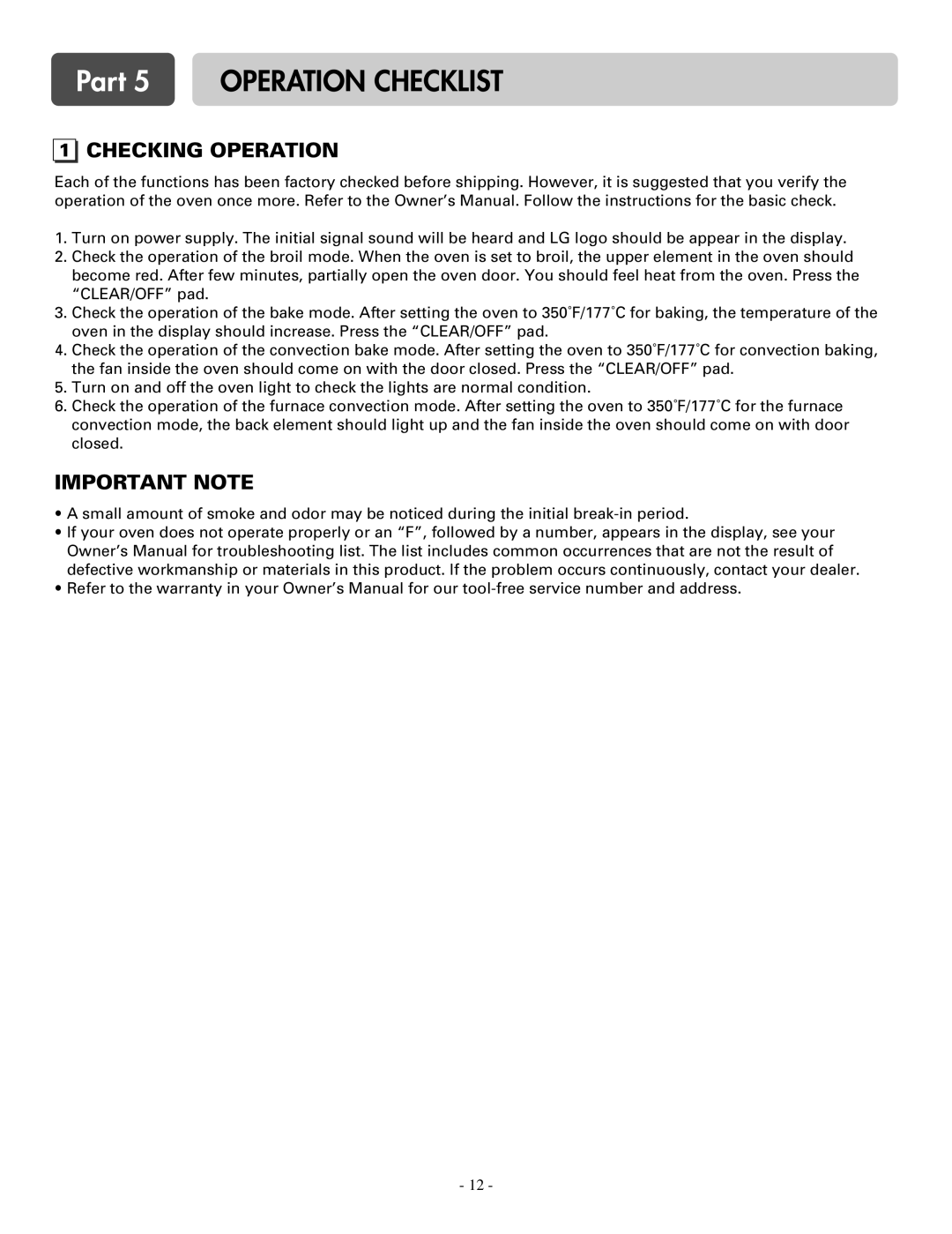 LG Electronics LSWS305ST, LSWD305ST installation manual Part 5 Operation Checklist, Checking Operation 