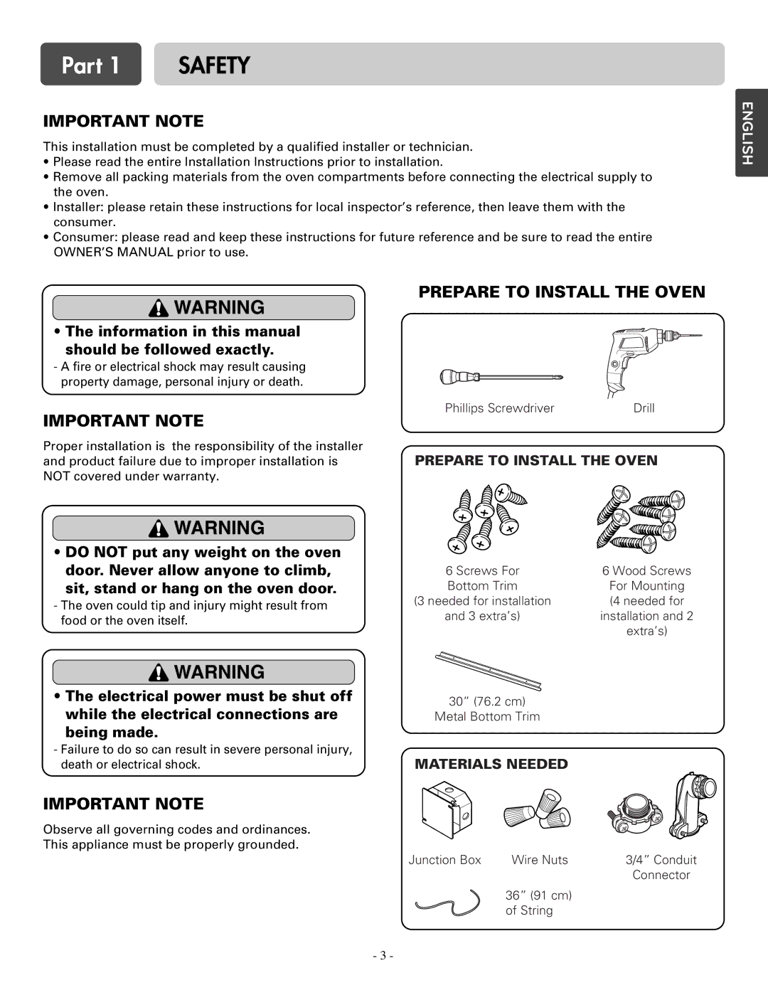 LG Electronics LSWD305ST, LSWS305ST installation manual Important Note, Prepare to Install the Oven 