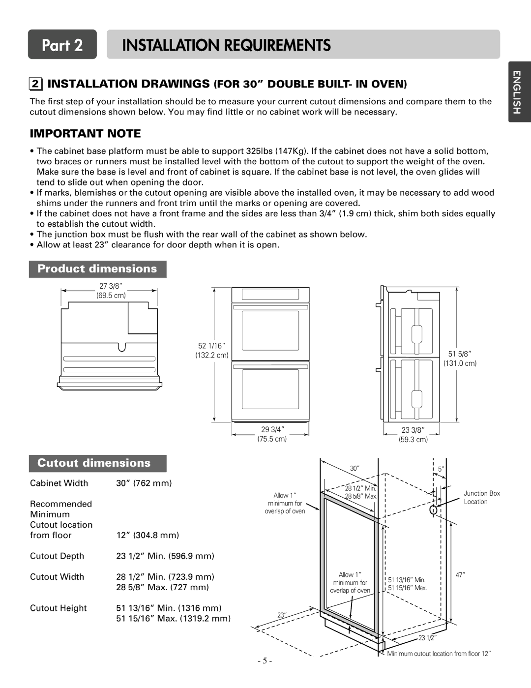 LG Electronics LSWD305ST, LSWS305ST installation manual Installation Drawings for 30 Double BUILT- in Oven 