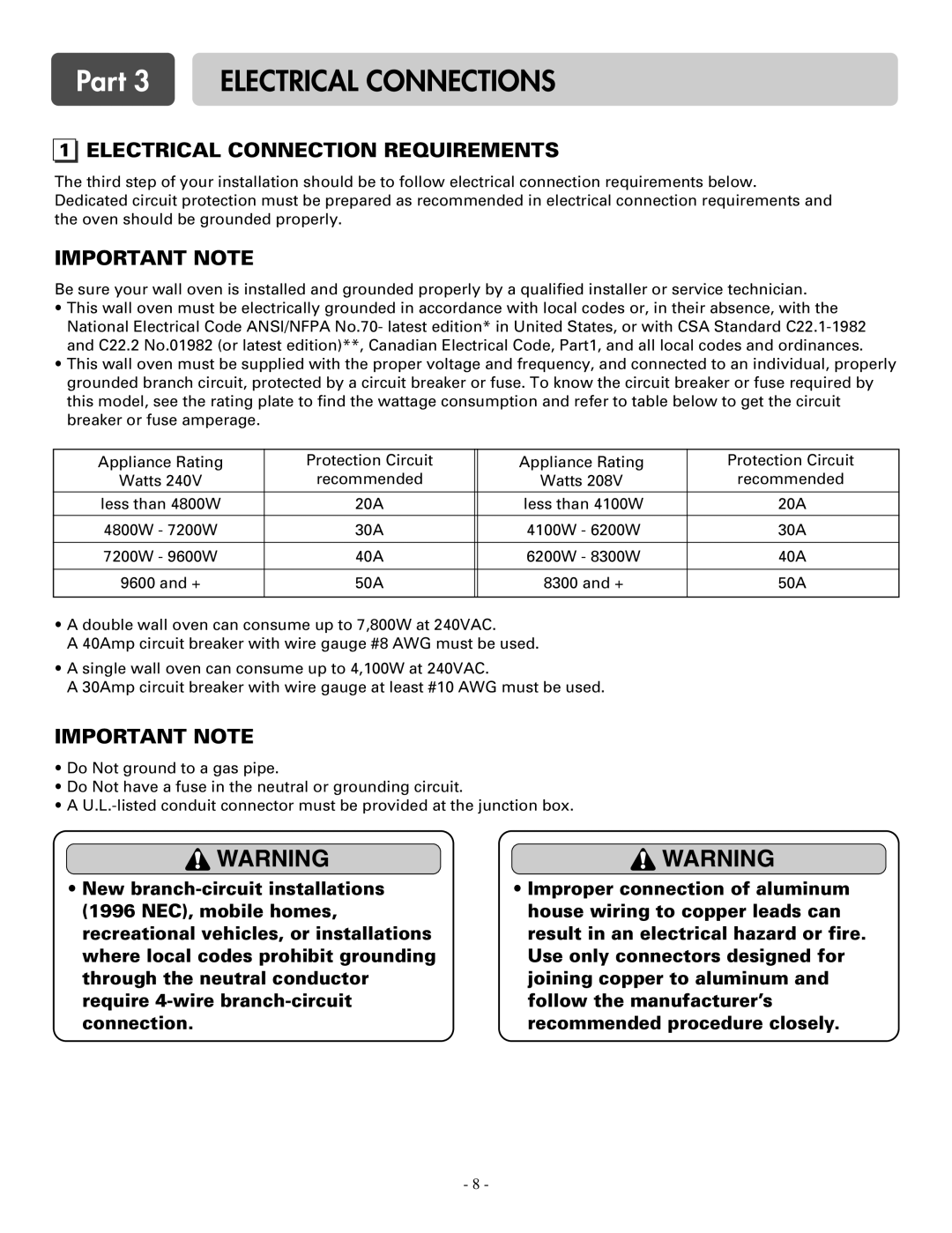 LG Electronics LSWS305ST, LSWD305ST installation manual Part 3 Electrical Connections, Electrical Connection Requirements 