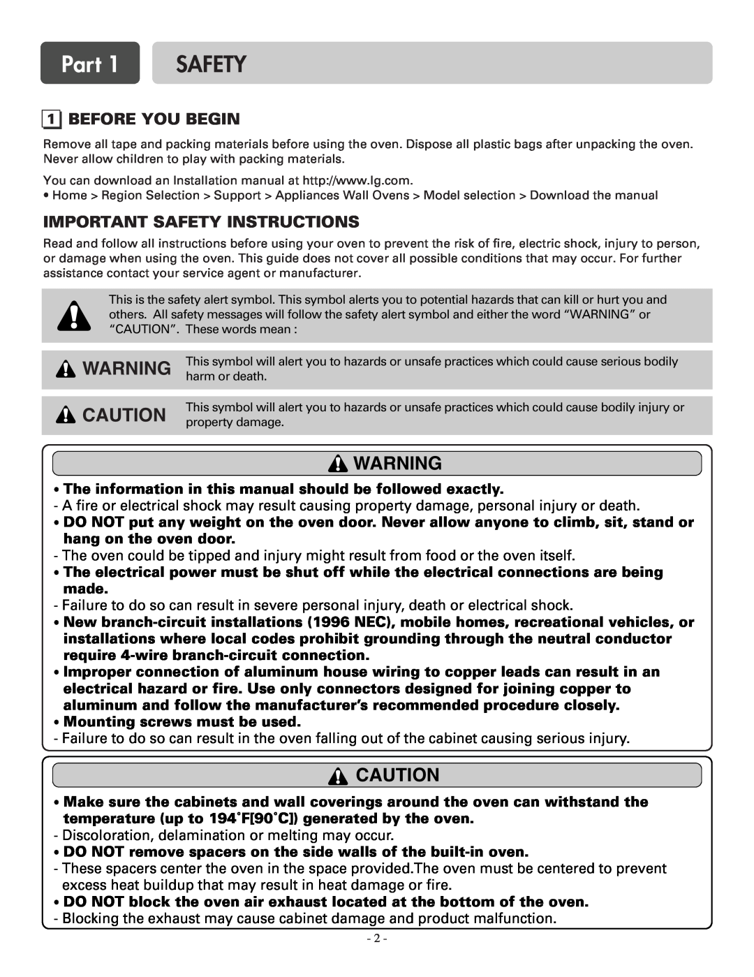 LG Electronics LSWS305ST, LSWD305ST installation manual Part, Before You Begin, Important Safety Instructions 