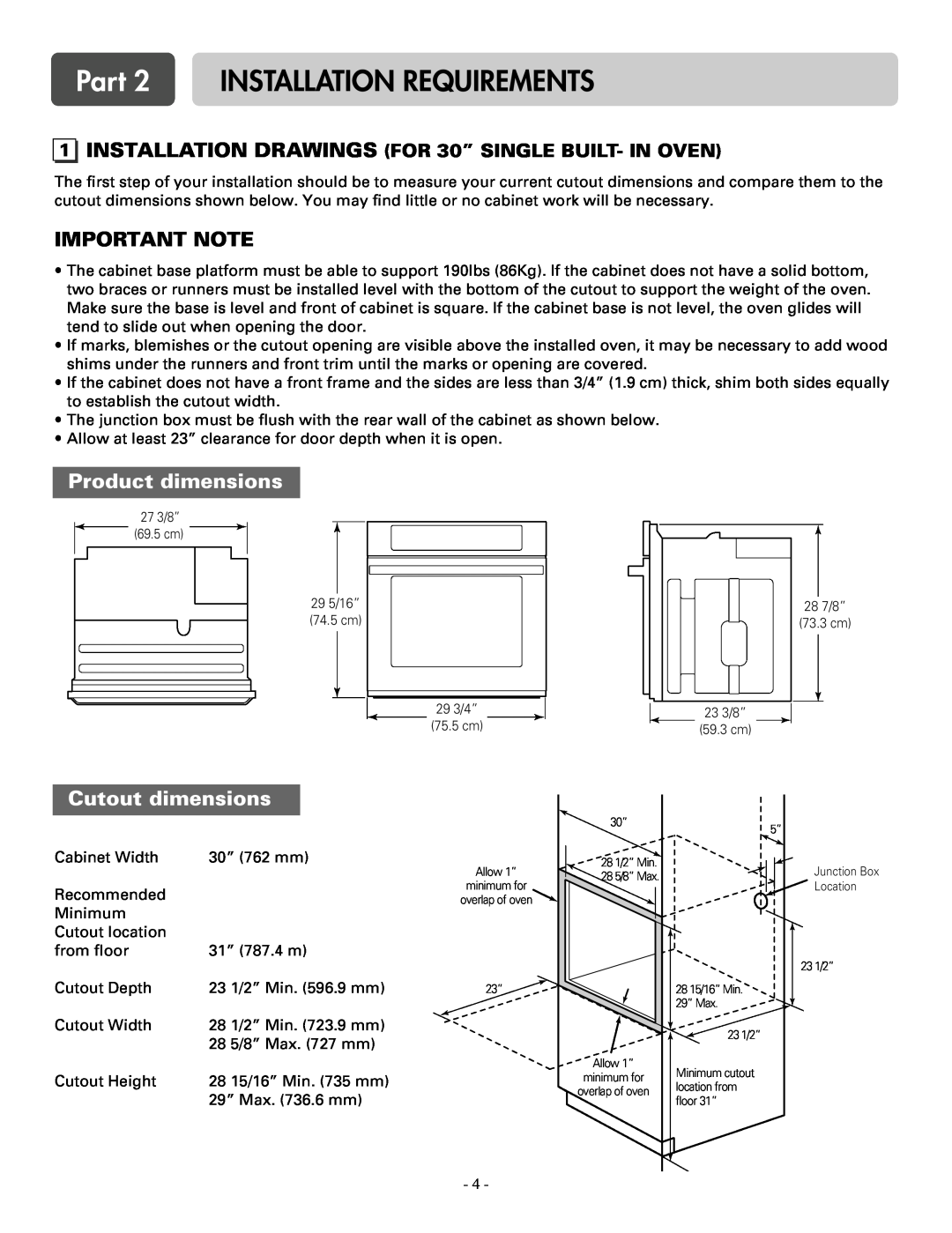 LG Electronics LSWS305ST Part 2 INSTALLATION REQUIREMENTS, Product dimensions, Cutout dimensions, Important Note 