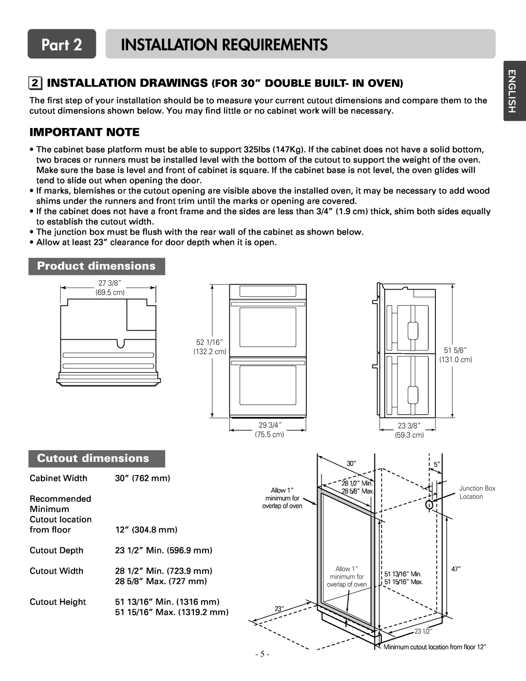 LG Electronics LSWD305ST Part 2 INSTALLATION REQUIREMENTS, Important Note, Product dimensions, Cutout dimensions, English 