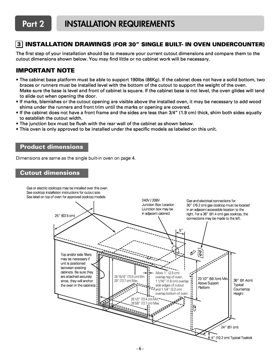LG Electronics LSWS305ST Part 2 INSTALLATION REQUIREMENTS, Important Note, Product dimensions, Cutout dimensions 