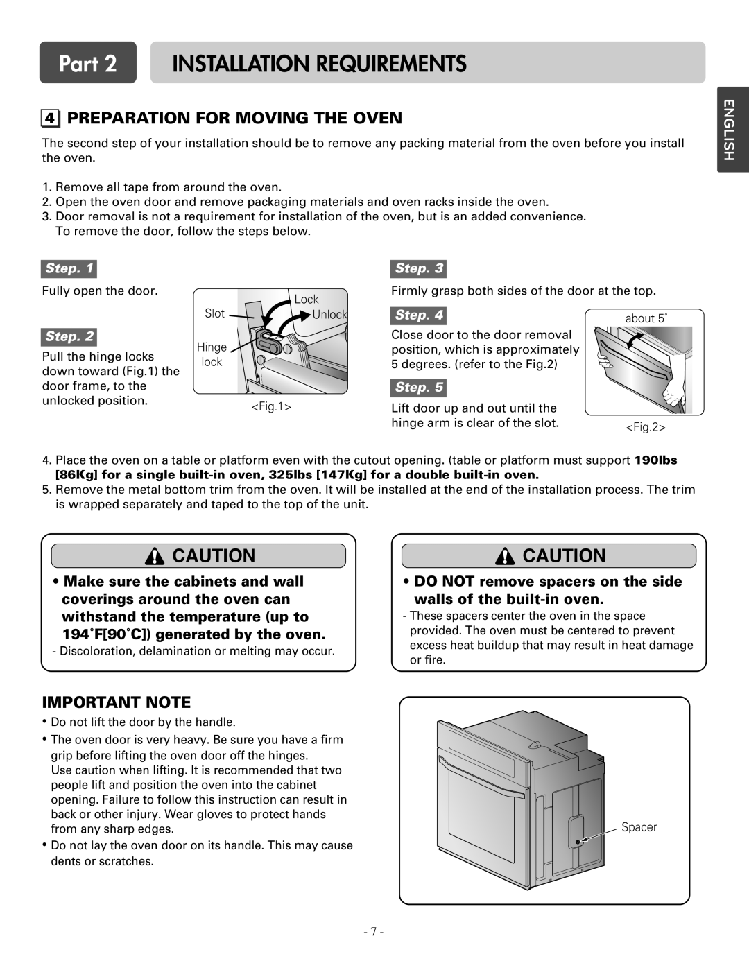 LG Electronics LSWD305ST Preparation For Moving The Oven, Part 2 INSTALLATION REQUIREMENTS, Important Note, English, Step 
