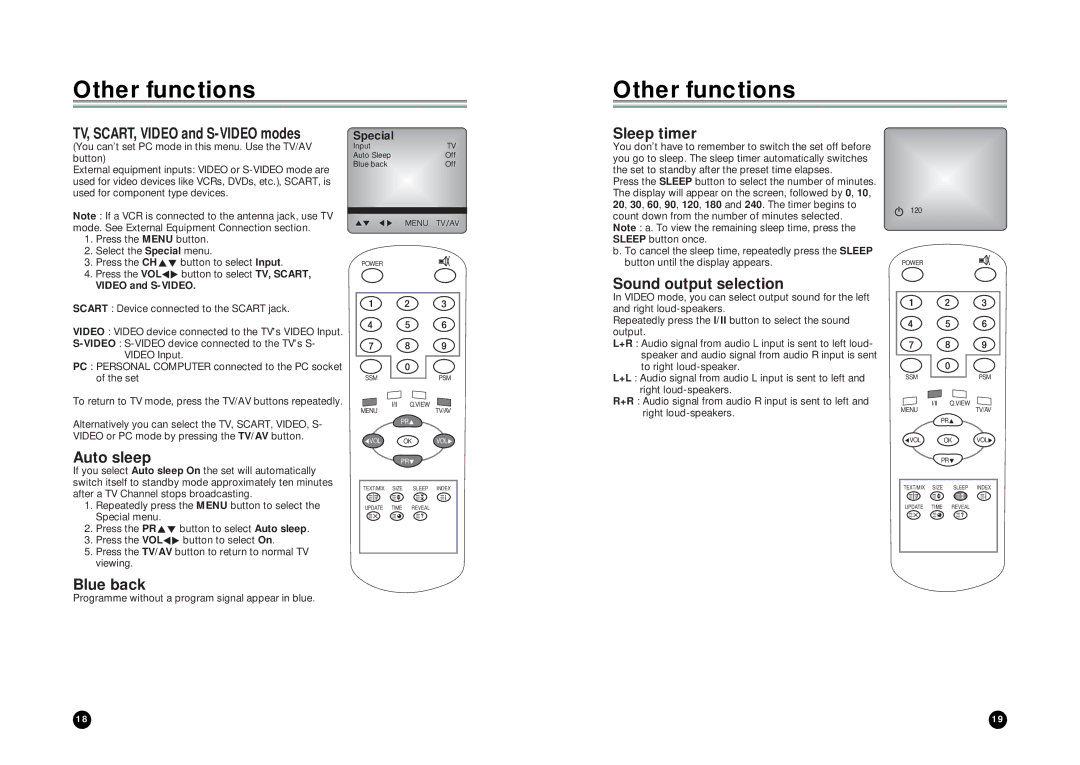 LG Electronics LT-15AEP owner manual Other functions, Sleep timer, Sound output selection, Auto sleep, Blue back 