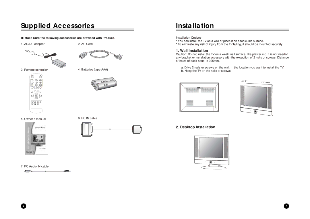 LG Electronics LT-15AEP owner manual Supplied Accessories, Installation 