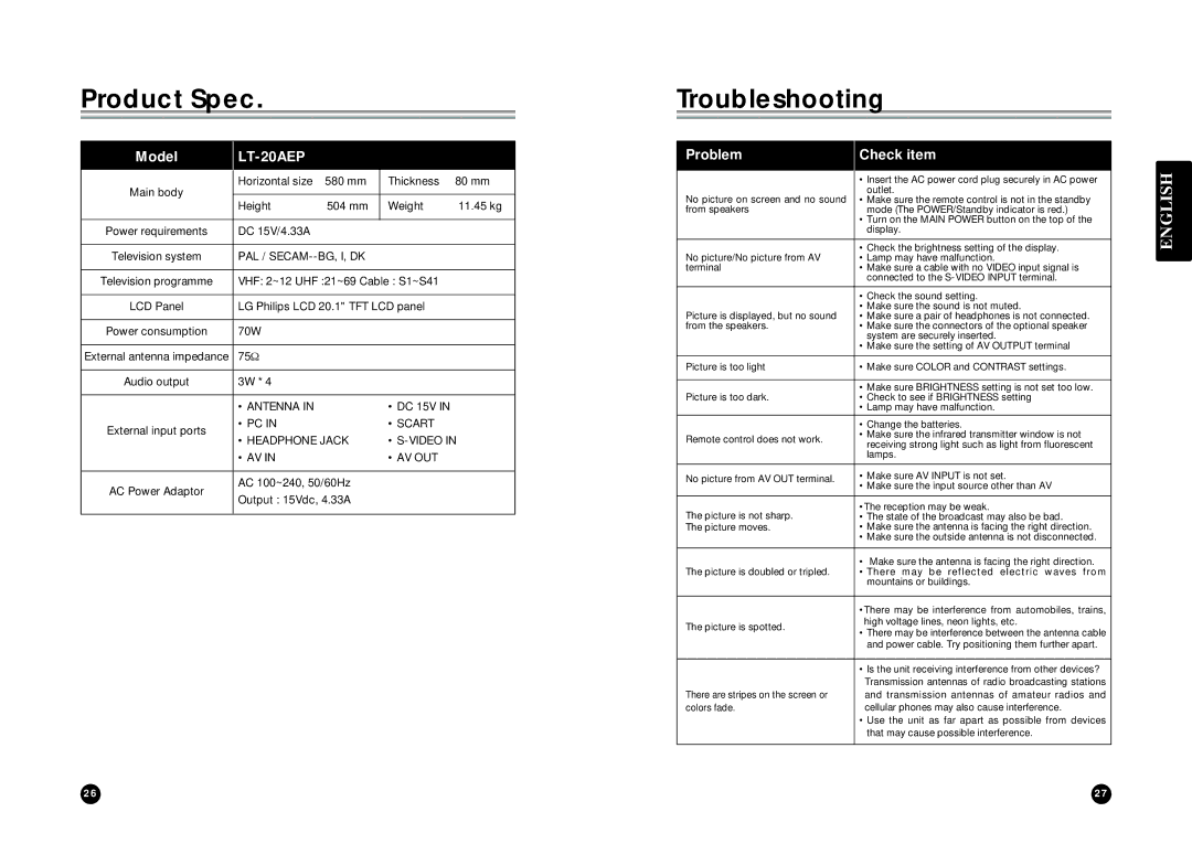 LG Electronics LT-20AEP owner manual Product Spec, Troubleshooting 